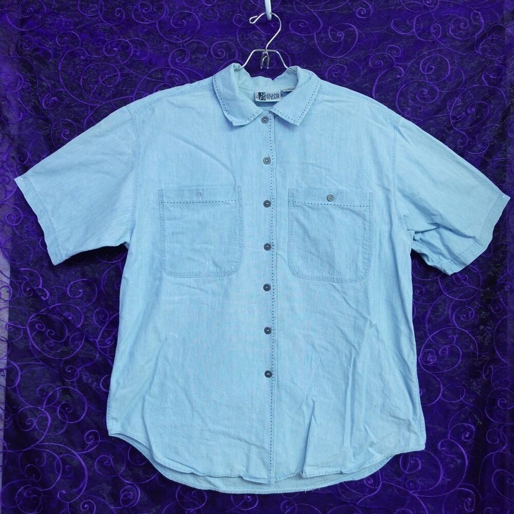 Jeans Wear Cotton 1990s Button Up Collared Shirt Womens Sz Large Stitched Trim